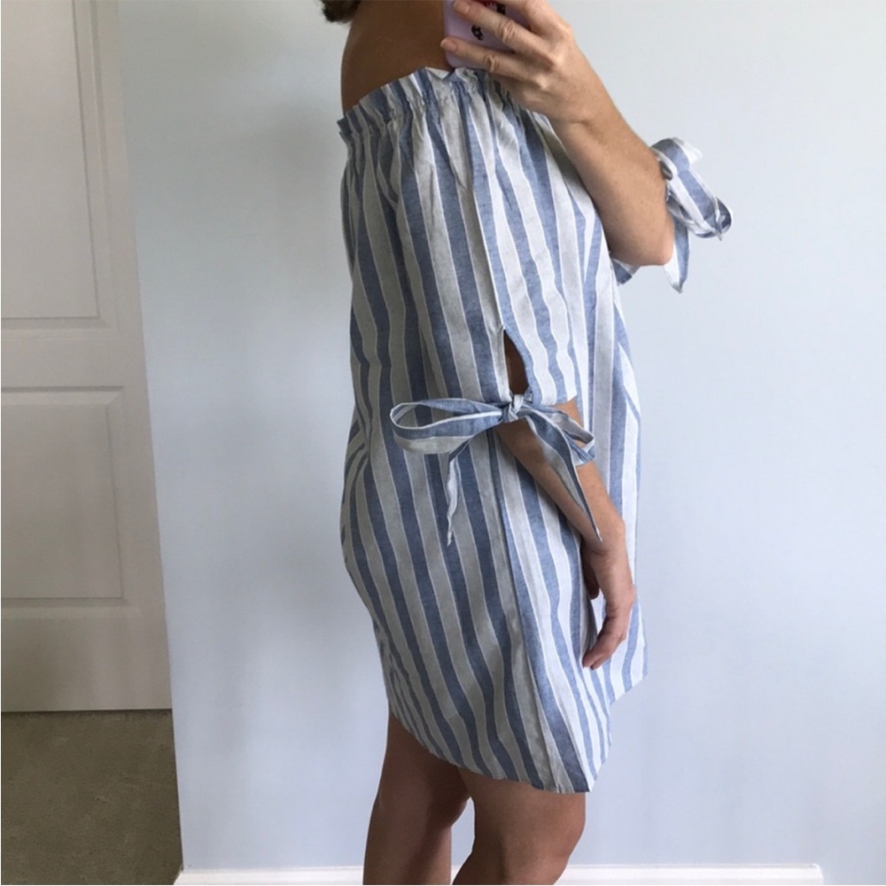 Blue and White Stripe Off the Shoulder Dress - Picture 5 of 6